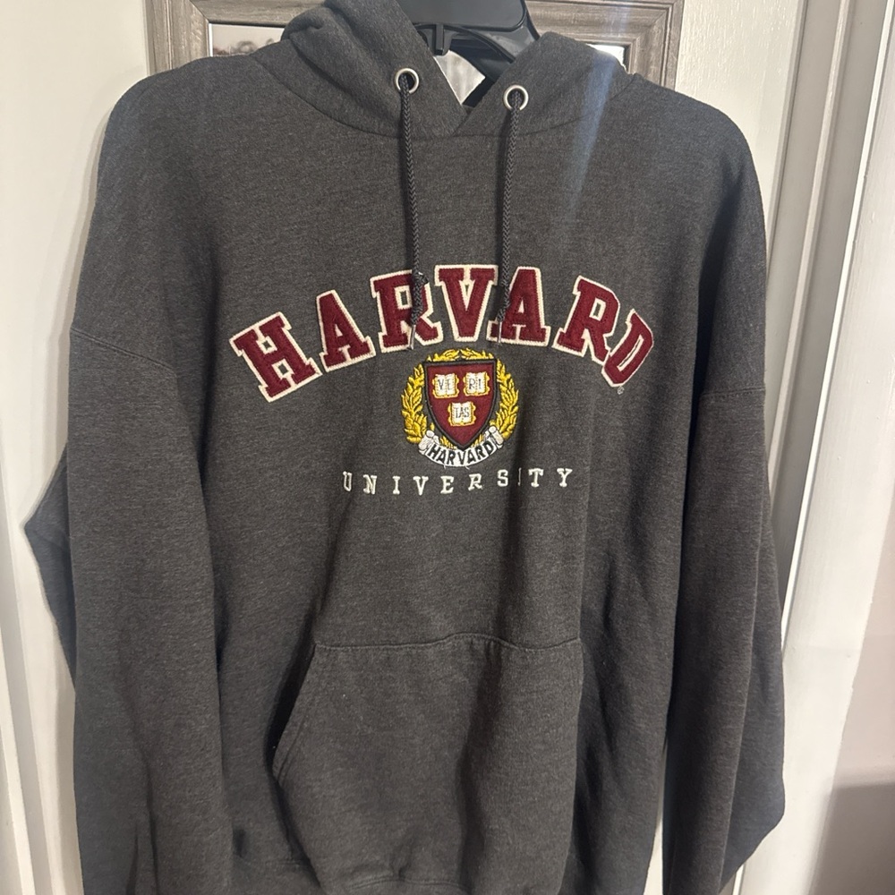 Champion Dark Gray Harvard Crest Hoodie with Red Lettering